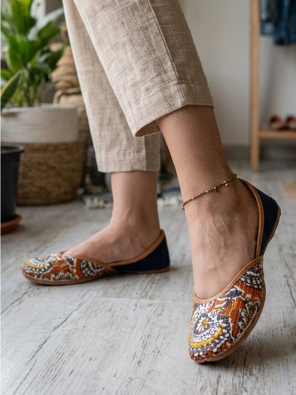 Patterned fabric and leather flats